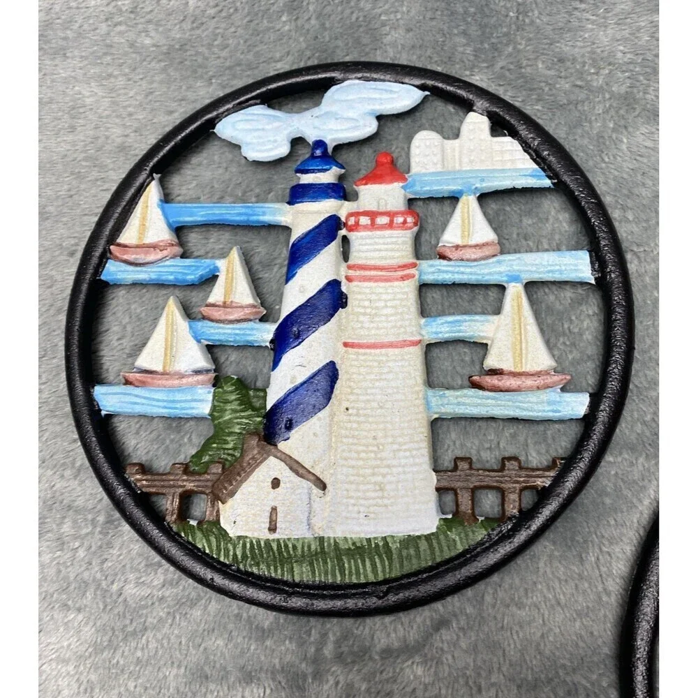 Vintage Lighthouse Sailboat Cast Iron Round Trivet Pot Holder(sold separately)